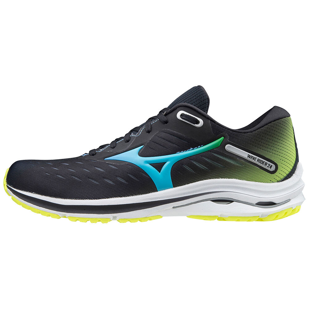 Mens Mizuno Wave Rider 24 Running Shoes Black/Blue Turquoise/Yellow Philippines (LNOSJH192)